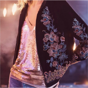 Anthropologie Black Velour Embroidered Jacket size Large